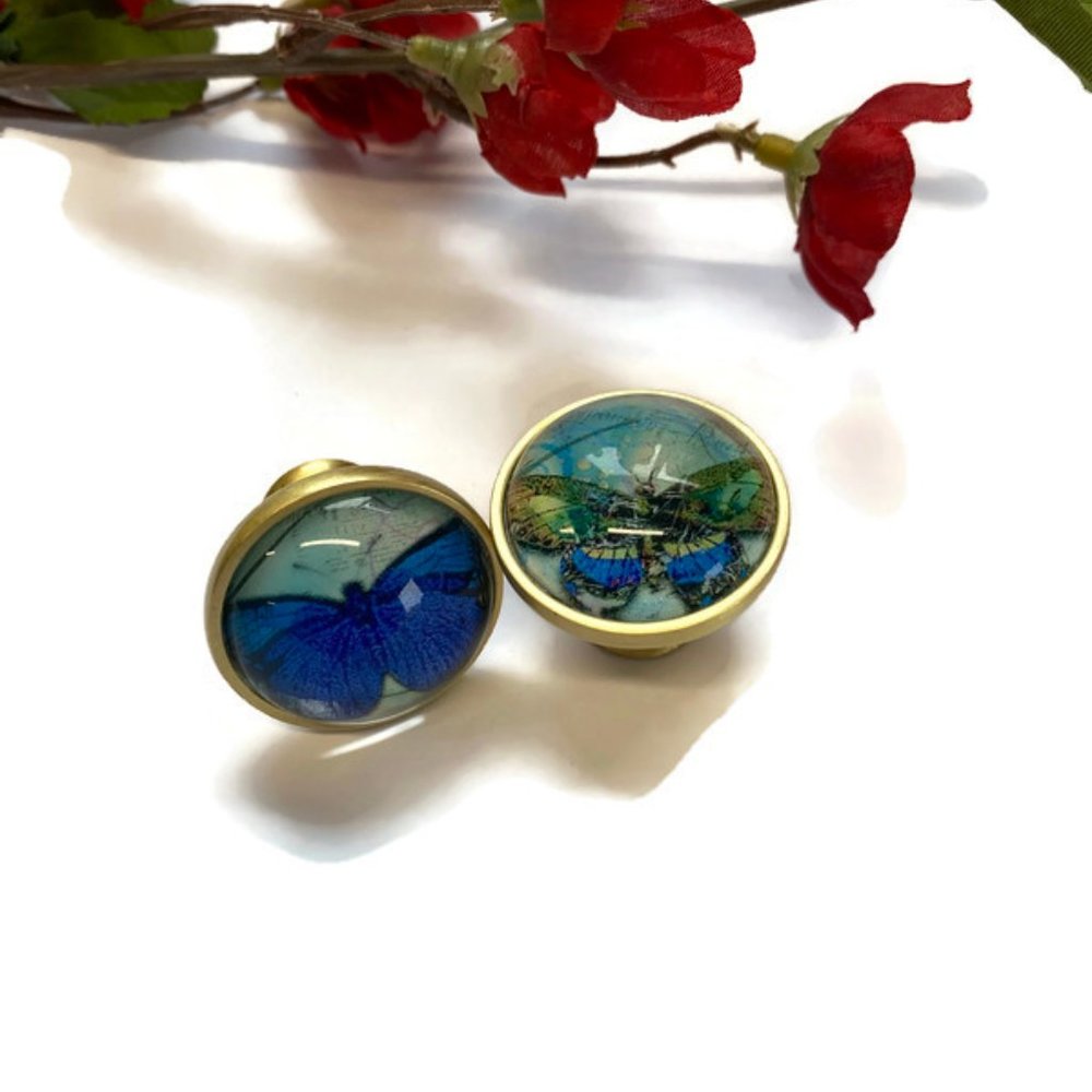 2 Butterfly Blue Drawer Pulls, Set of two